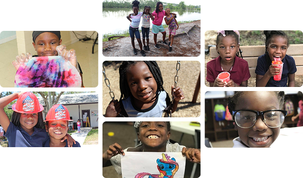 Collage of children receiving gifts and donations at Cops 'n Kids events