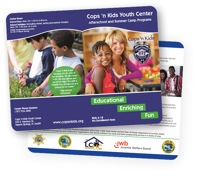 Cops 'n Kids program display board highlighting educational, enriching, and fun activities